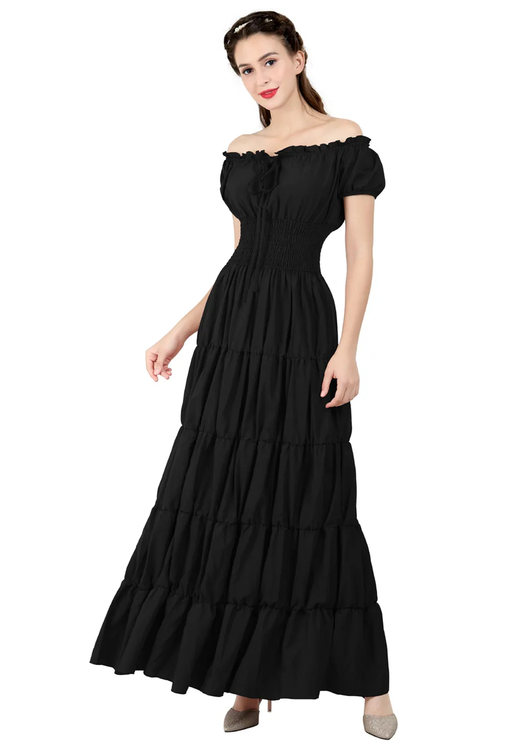 Women Renaissance Costume Medieval Vintage Dress for Women Party Wedding Short Sleeves Off Shoulder Waist Retro Pleated