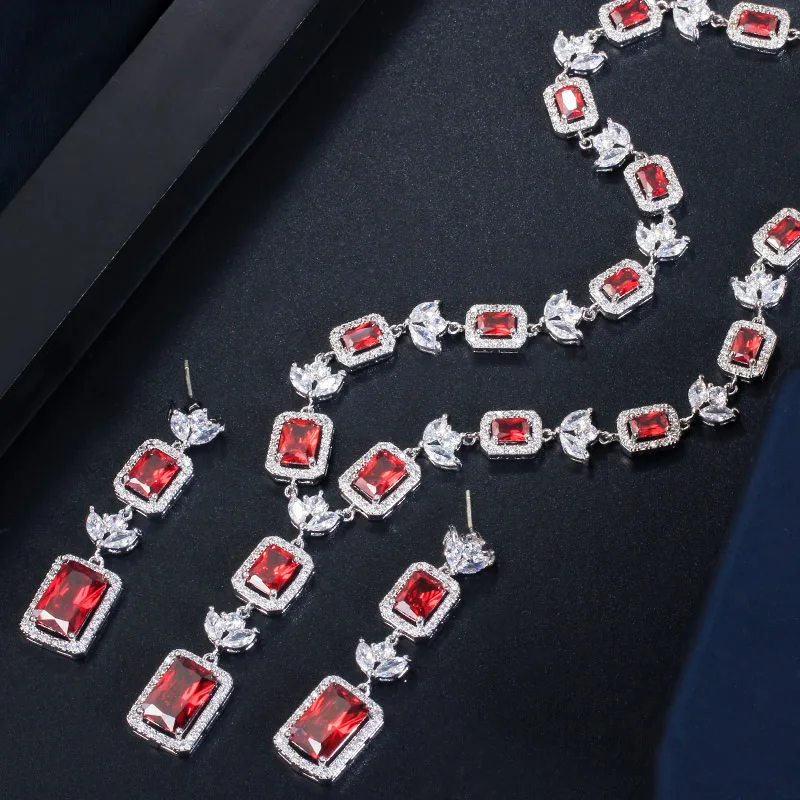 CWWZircons Square Cut Red Cubic Zirconia Stone Women Wedding Party Necklace Jewelry Sets for Brides Costume Accessories T369