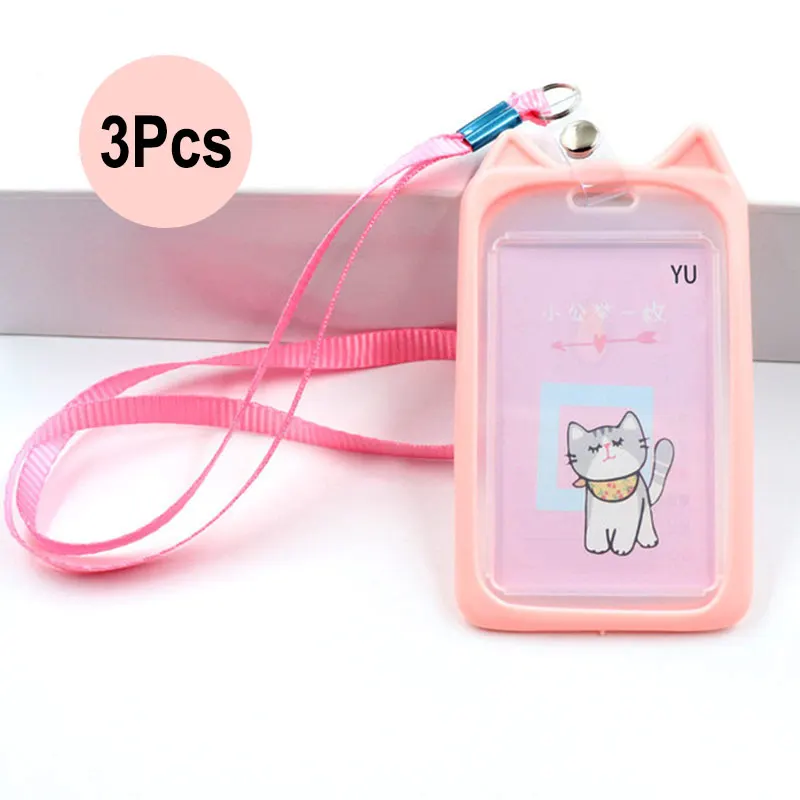 3Pcs/Set Cute Cat Silicone ID Card Protection Cover Case Lanyard Badge Holder Kids School Student Office Exhibit Work Neck Strap