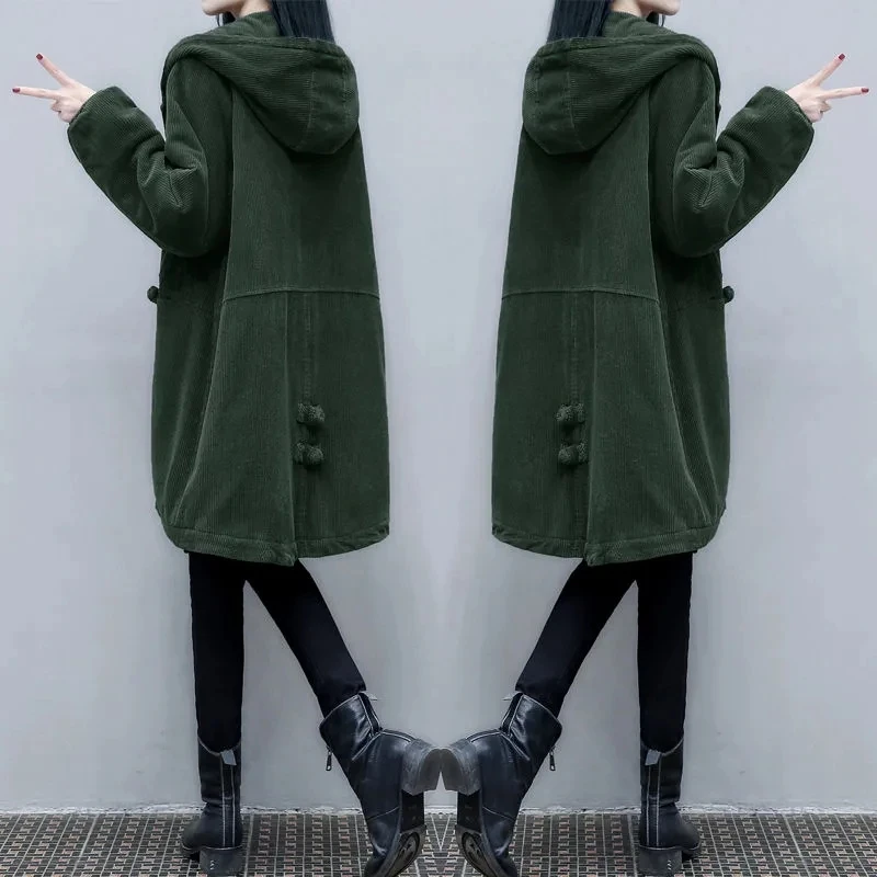 New Winter Corduroy Female Cotton Jacket Mid-Long Loose Hooded Women\'s Windbreakers Retro Keep Warm Cotton Clothes Ladies Coats