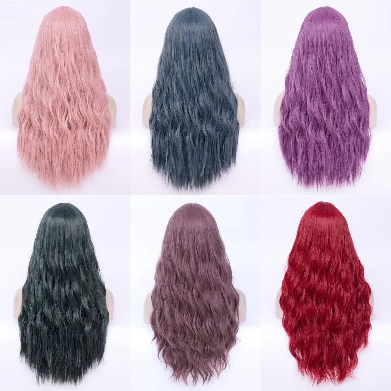 MSIWIGS Frauen Lange Wellenförmige Blonde Synthetische Perücke mit Pony Grau Rosa Haar Cosplay Mädchen Perücke Hitze Beständig