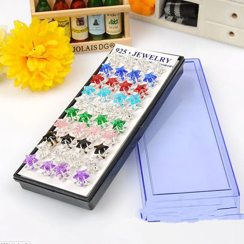 Wholesale 1 Set 40pcs 925 Sterling Silver Plum Women Stars Earring Studs Mixed Color Cubic Zirconia Fashion Jewelry Party Gift