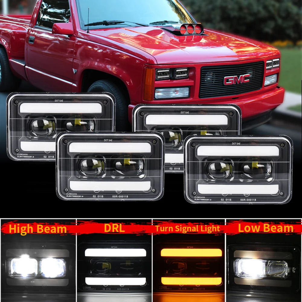 

MOVOTOR 4x6'' LED Headlights 4 Pcs with White DRL Amber Halo High Low Beam Seal Beam Headlights for Truck H4651 H4656