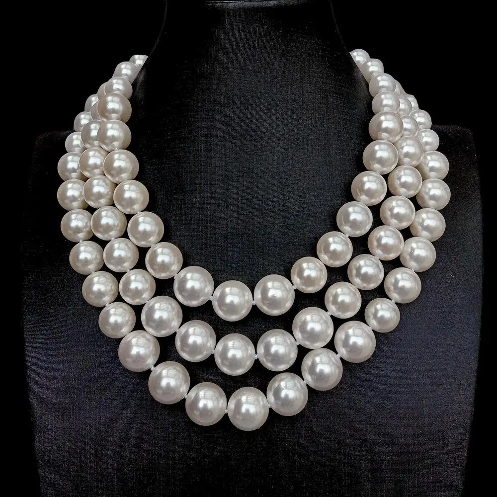 Y·YING 3 Rows White Sea Shell Pearl Graduated Necklace Multi Layers Jewelry