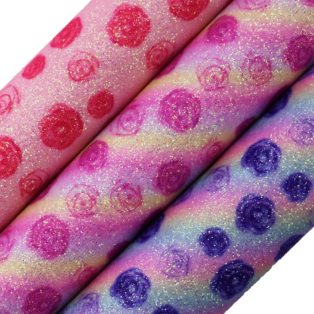 30cmx134cm Roll Printed Rose Fine Glitter Fabric Leather For Earring Bows Bags Home Decoration DIY  AY321