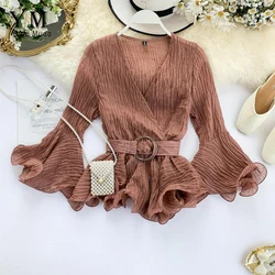 YuooMuoo Elegant Sashes Bandage Autumn Women Blouse Shirt 2019 V Neck Korean Style Ruffle Women Blouse Long Sleeve Chiffon Top