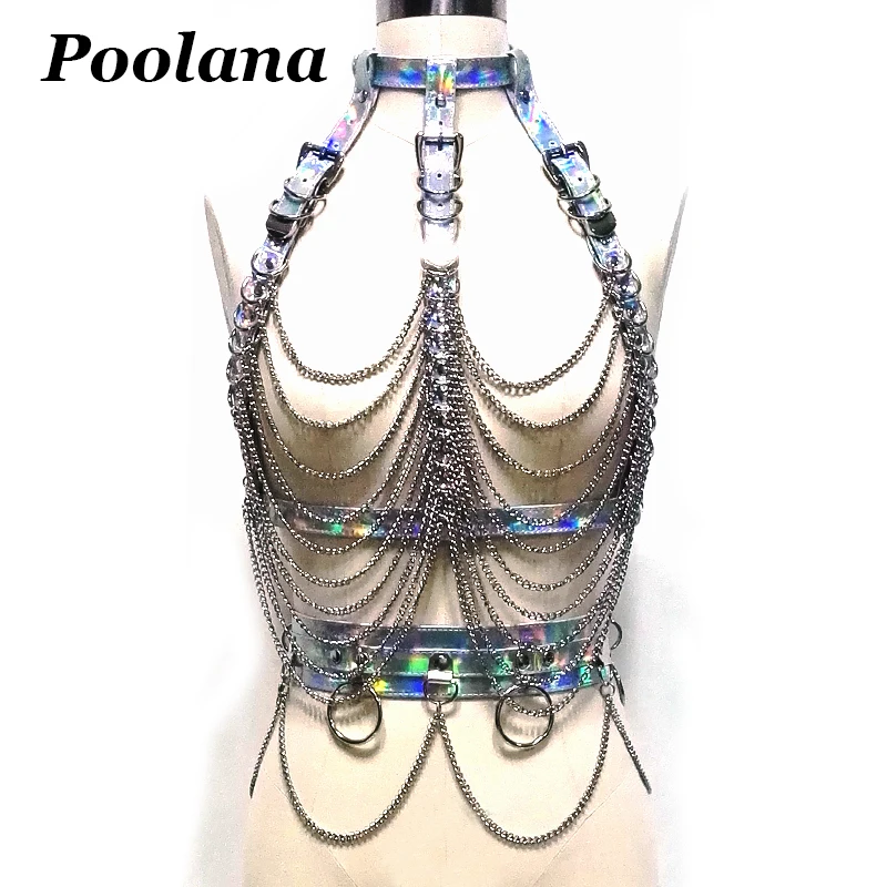 1Set Handmade Punk Gothic Holographic Shiny Reflective Leather Chain Harness Waist Belts Top Stage Performance Dancing Cosplay