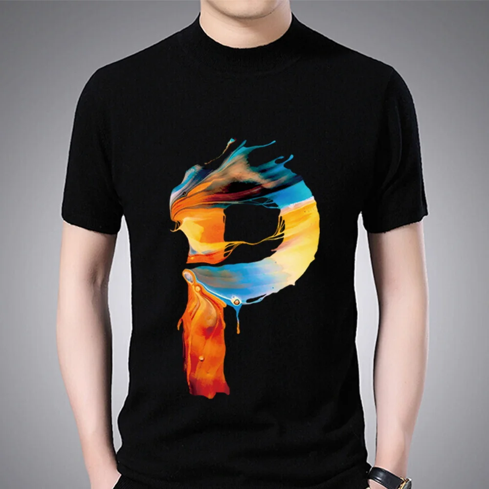 Fashion T-shirt Black Men\'s Paint Pattern 26 English Alphabet Paint Hot Stamping Series Casual O-neck Commuter Comfortable Top