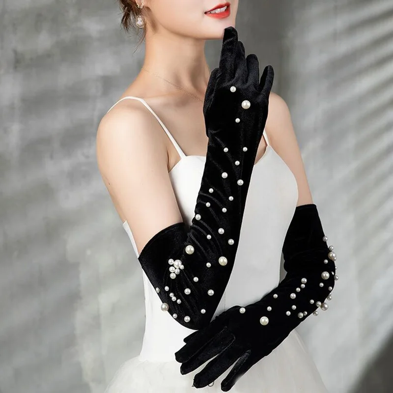 Korean Women Wedding Dress Long Golden Velvet Retro Pearl Gloves Winter Full Finger Etiquette Cycling Driving Warm Mittens M81