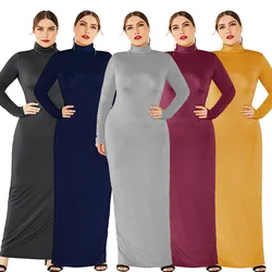 Primavera otoño mujer sólido Casual ajustado ceñido al cuerpo paquete cadera Maxi vestido de manga larga cuello alto elástico vestidos largos bata de talla grande