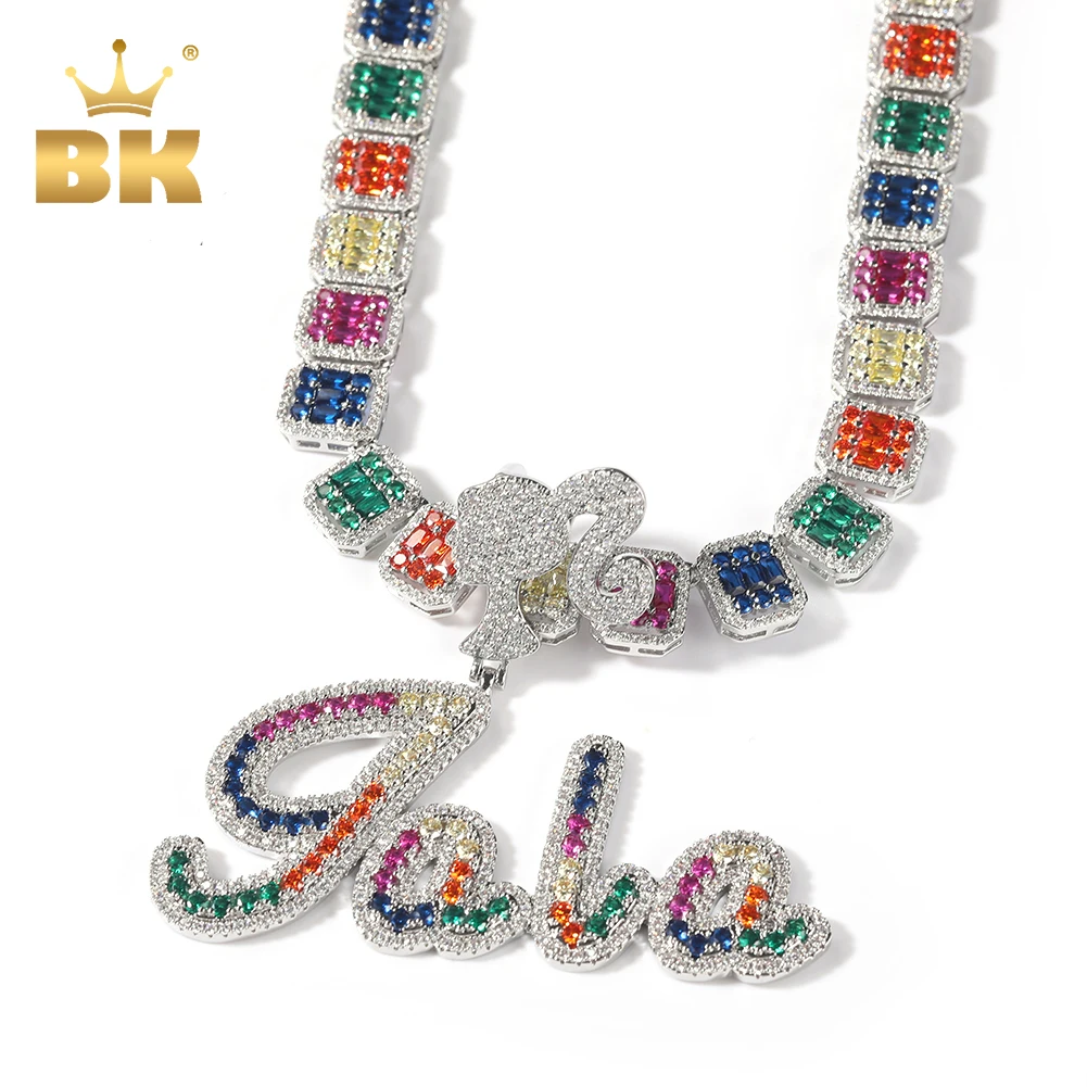 

THE BLING KING Custom Rainbow Brush Script Letter Name Necklace Girl Clasp With Colorful CZ Pendant BaguetteChain Hiphop Jewelry