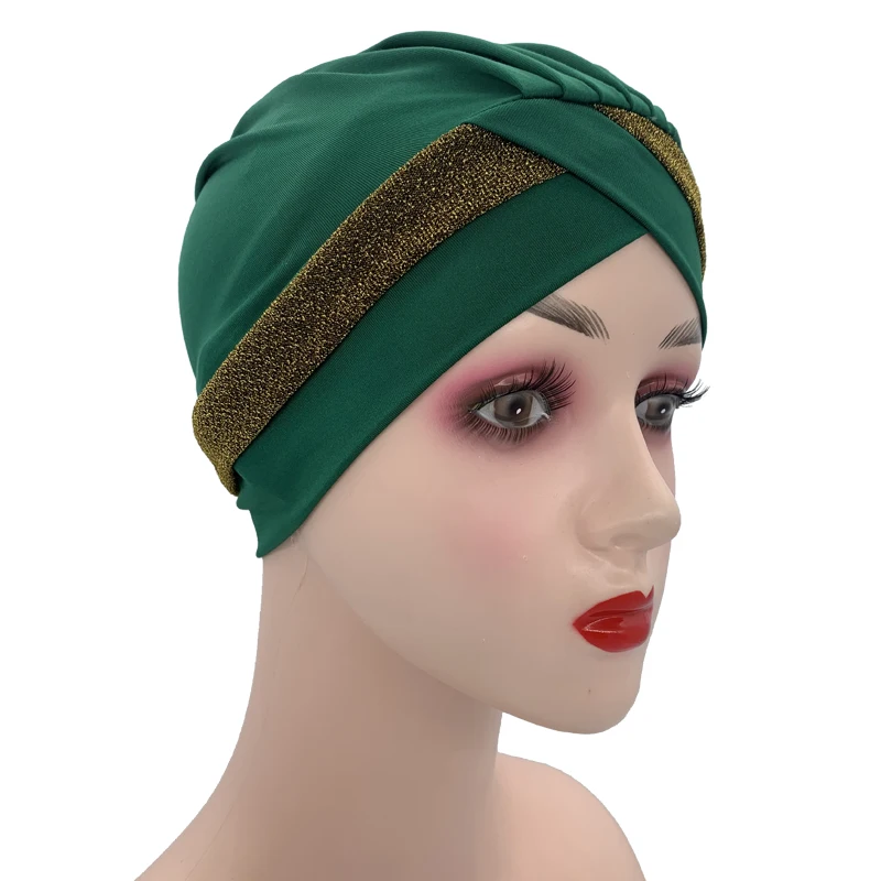 Fashion Muslim Women\'s Headscarf Bonnet Stretchy Under Hijab Caps Forehead Cross Female Glitter Turban Cap Islamic Head Wraps