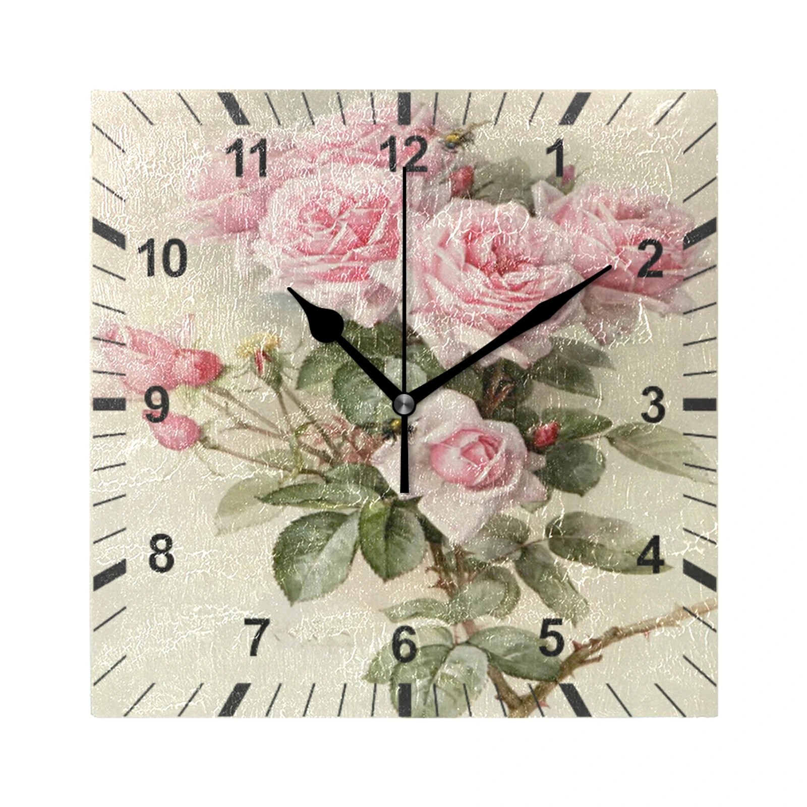 Vintage Shabby Floral Print Square Wall Clock Silent Quiet Battery Operated Wall Watch Chic Pink Rose Living Room Hanging Clock