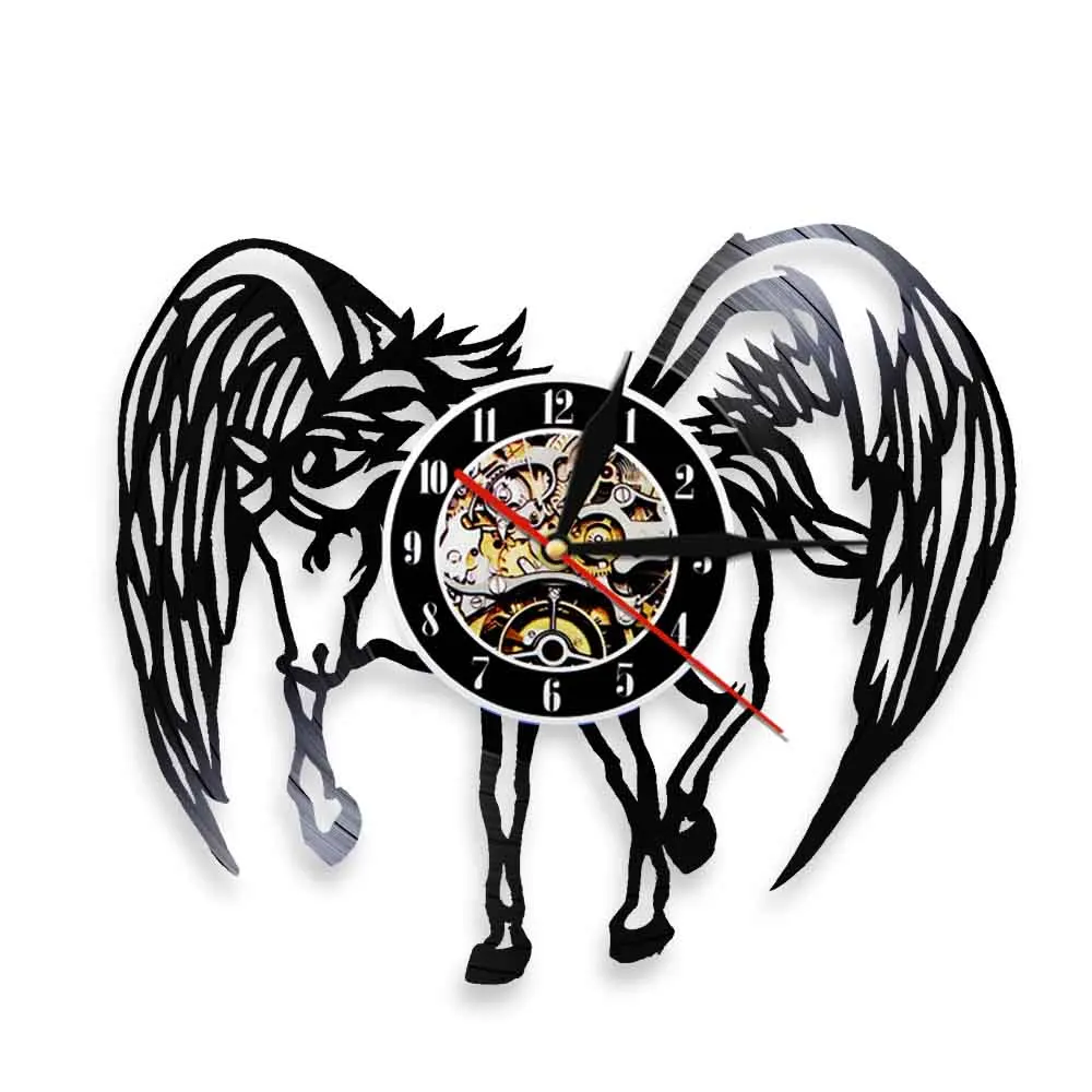 Pegasus Vinyl Record Wall Clock Fantasy Animal Horse Home Decor Horse With Angel Wings Hanging Modern Watches Gift For Friend