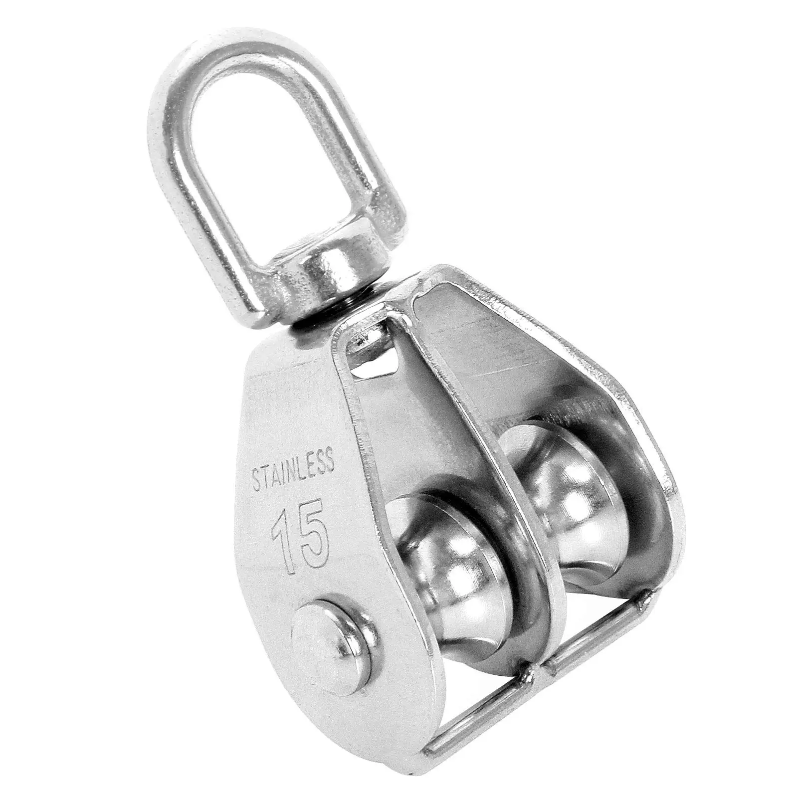 1 Pack M15 Lifting Double Pulley Block Stainless Steel Heavy Duty Crane Swivel Hook Double Pulley Roller