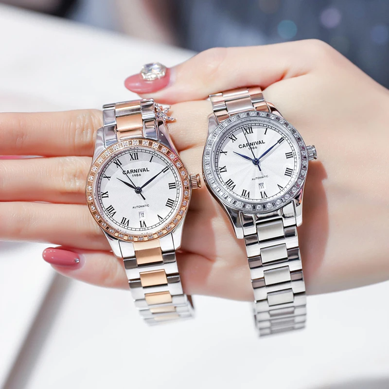 Carnival-Reloj de marca de lujo para mujer, relojes mecánicos automáticos, cristal de zafiro de diamante a la moda, resistente al agua, fecha