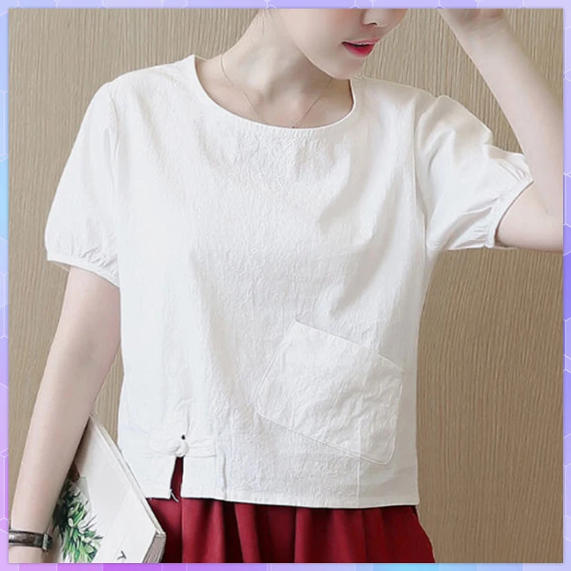 Summer Cotton And Linen Short T-shirt Women's short-sleeved Tee Shirt Loose Crop Top Large Size Solid Tops Woman Clothes 2XL