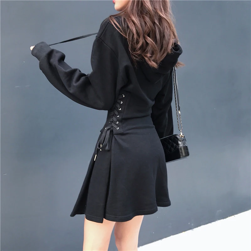 Spring 2024 Hooded Dress Women Lace Up Waist Slim Black Gothic Dress Female Short Mini Harajuku Streetwear Vestidos