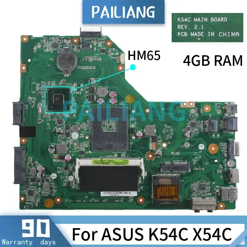 

PAILIANG Laptop motherboard For ASUS K54C X54C Mainboard K54C X54C K54C K54Ly K54hR REV.2.1 HM65 DDR3 tesed