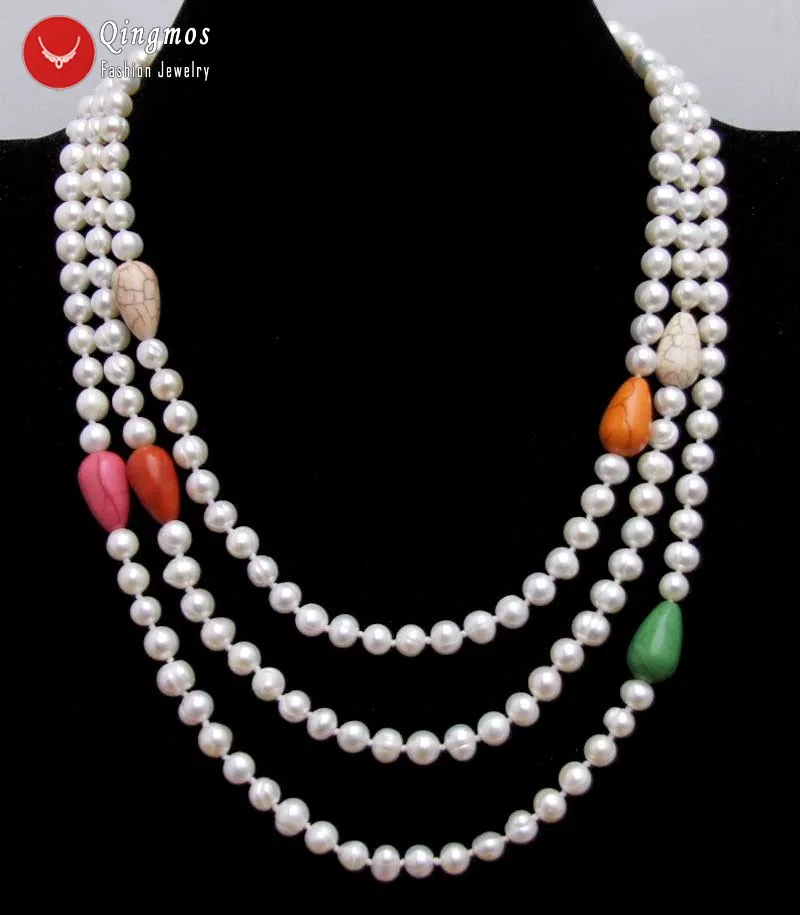 

Qingmos White Pearl Necklace for Women with 6-7mm White Round Pear & Multicolor Drop Turquoise Necklace Long 60" Sweater Jewelry