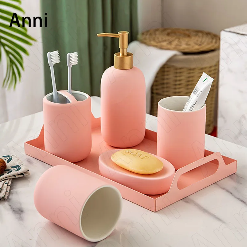 Nordic Simple Ceramic Bathroom Accessories Set Creativity Mouth Cup Soap Dish Toothbrush Cup Five Piece Set Wash Set Home Decor