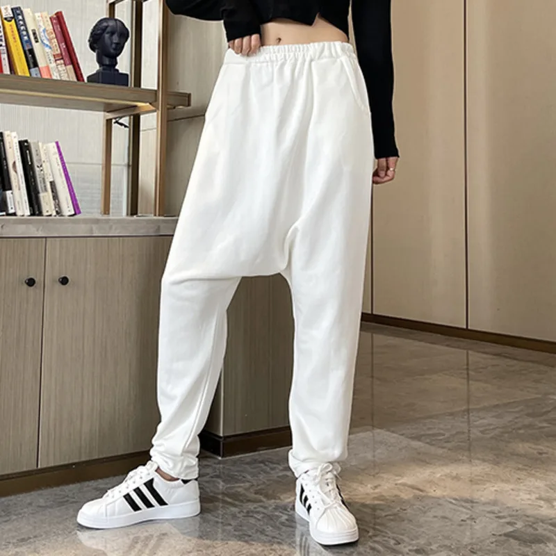 Baggy Knitting Cross-Pants Women  Solid Color High Elastic Waist Harem Pants Loose Causal Lantern Wide Leg Cotton Jogger pants