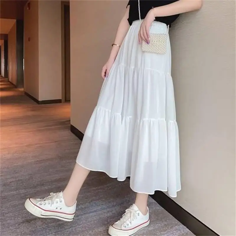

Spring Summer Chiffon Skirts Women Vintage High Waist Elastic Patchwork White Black Chic Long A-line Skirt for Student