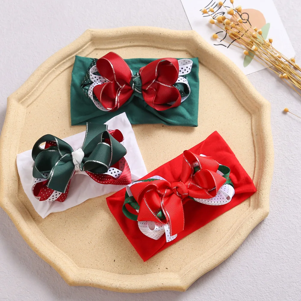 Nylon Girls Headband Christmas Dot Hair Accessories for Kid Red Green White Hair Bows Children Printed Headwraps Photo Props