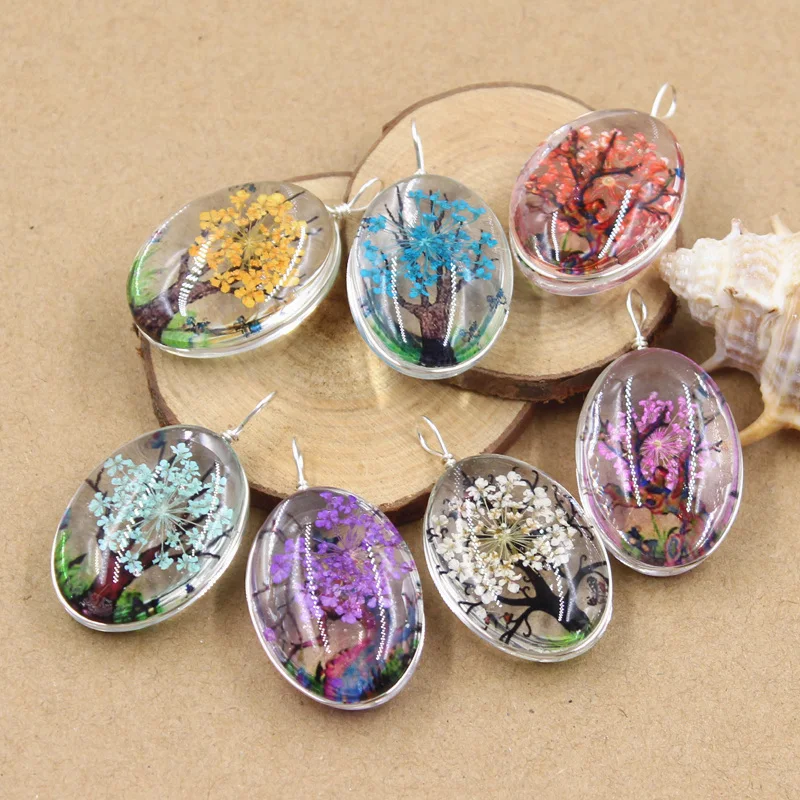 3pcs charms Oval Dried Flower Butterfly Gypsophila Life Tree Pendants DIY Color Handmade Making Findings for Necklace Pendants