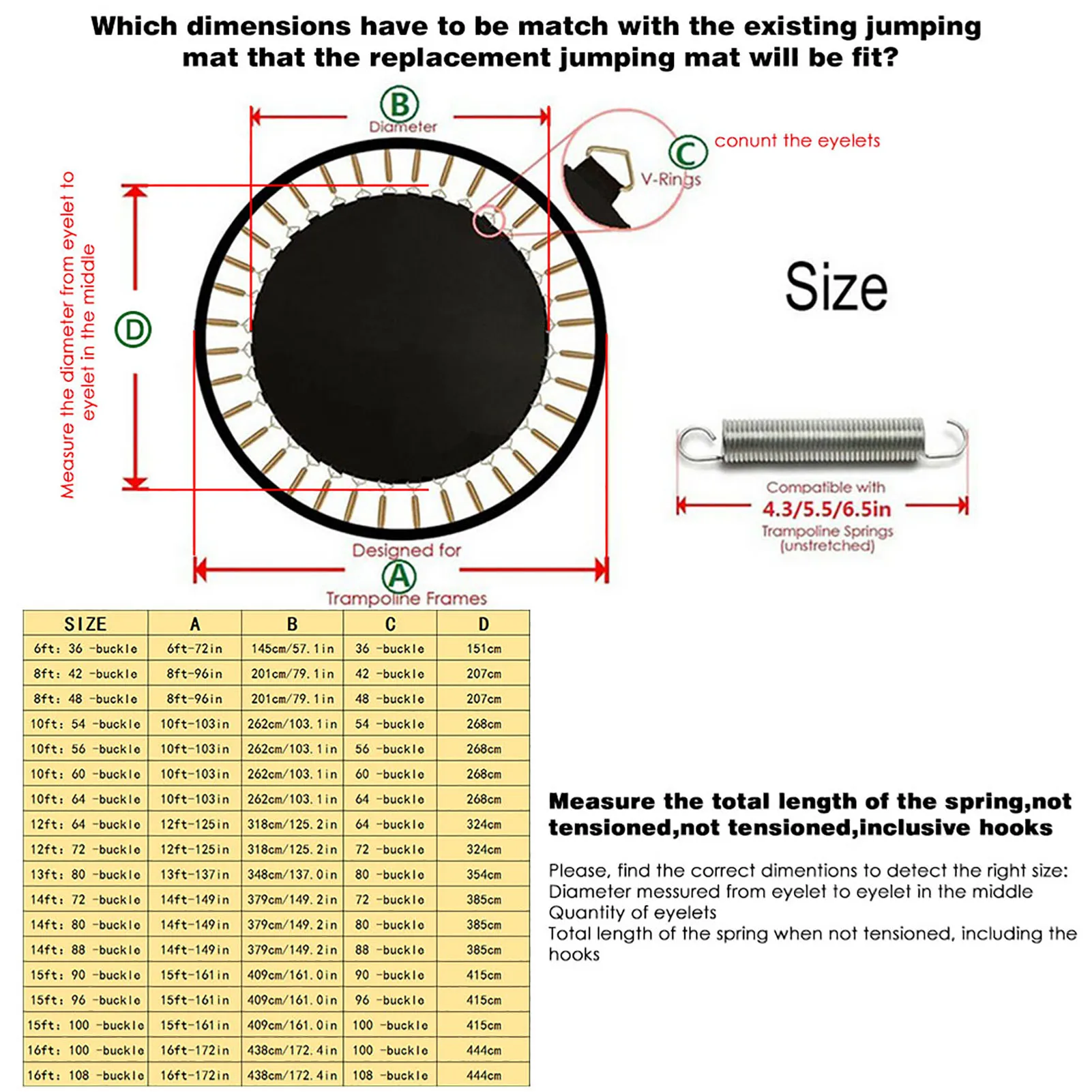 1.83/2.44/3.05/3.66M Round Trampoline Replacement Jump Mat Waterproof Garden Trampoline Jumping Mat UV-resistant Jumping Pad