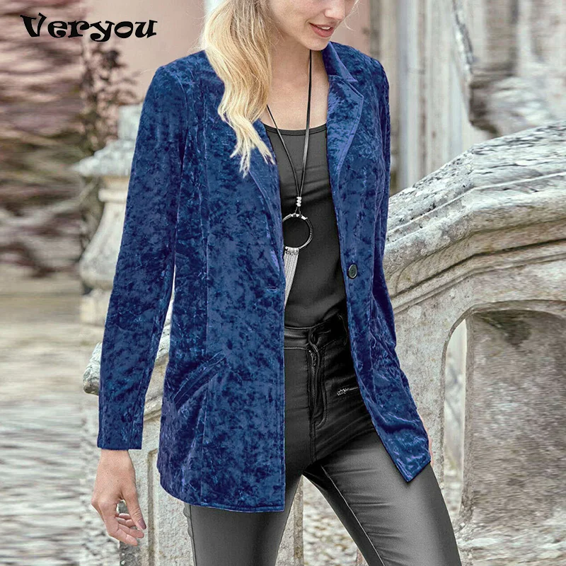 

Женский бархатный пиджак, женский костюм, Новинка весна-осень 2021, однотонный Повседневный женский пиджак на одной пуговице с лацканами и карманами, Женский блейзер