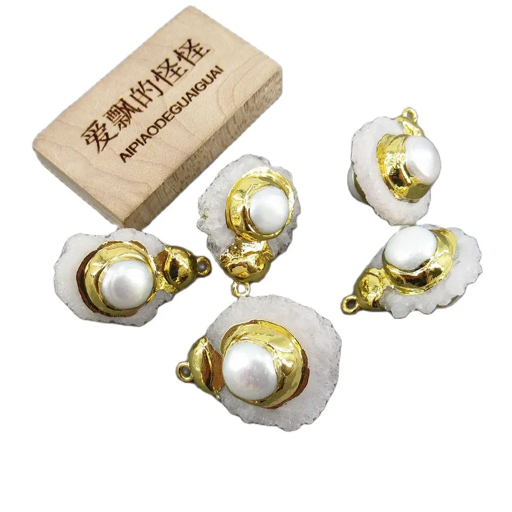 

APDGG 5PC Natural Clear Quartz Freedom White Pearl Connector Pendant For Necklace Pendant Jewelry DIY