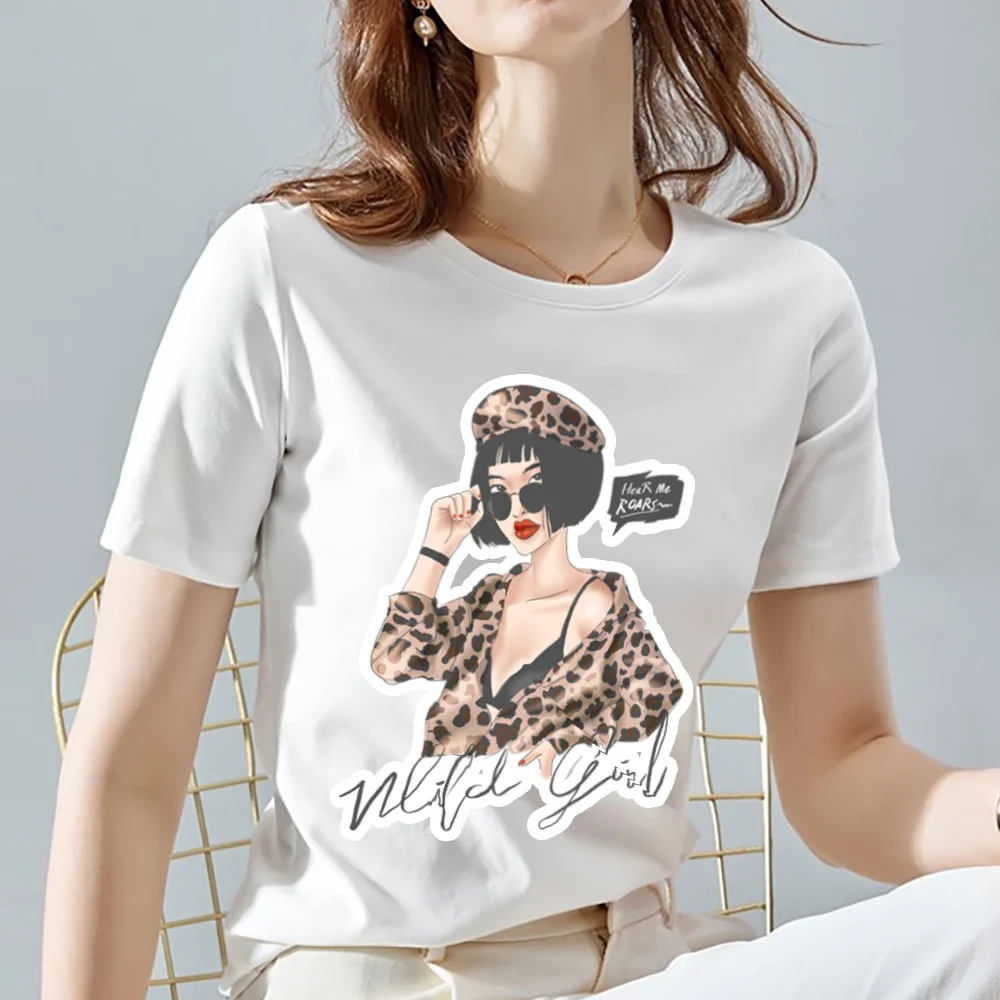 

Summer Women's White T-shirt Fashion Sexy Leopard Cartoon Ladies Slim Round Neck Versatile Comfortable Ladies Short Sleeves Top