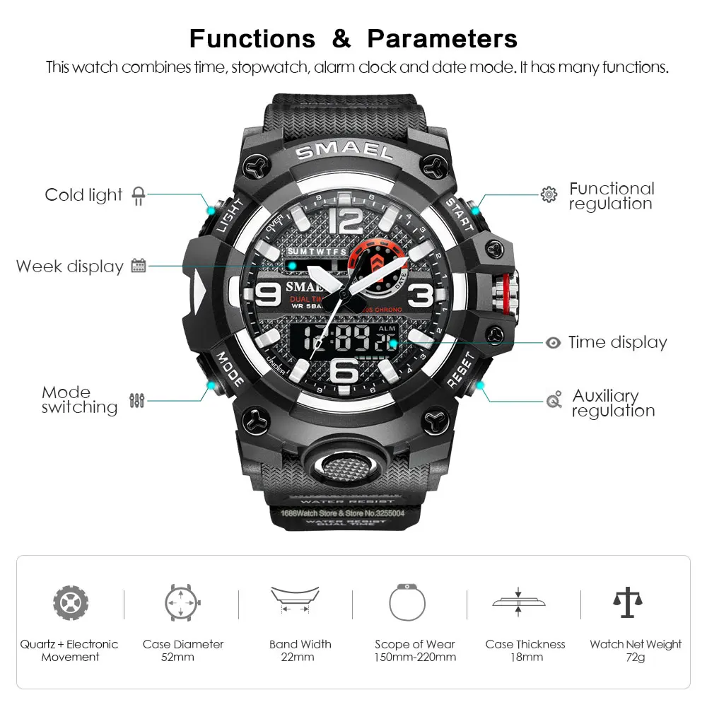 SMAEL Sport 50m Waterproof Digital Watch Men LED Auto Date Dual Time Quartz Wristwatch часы мужские relogio masculino reloj 8035