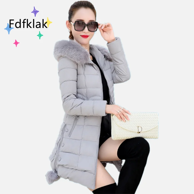 Fdfklak-abrigo grueso ajustado de talla grande para mujer, chaqueta de invierno de longitud media con cuello de piel coreana, Sudadera con capucha