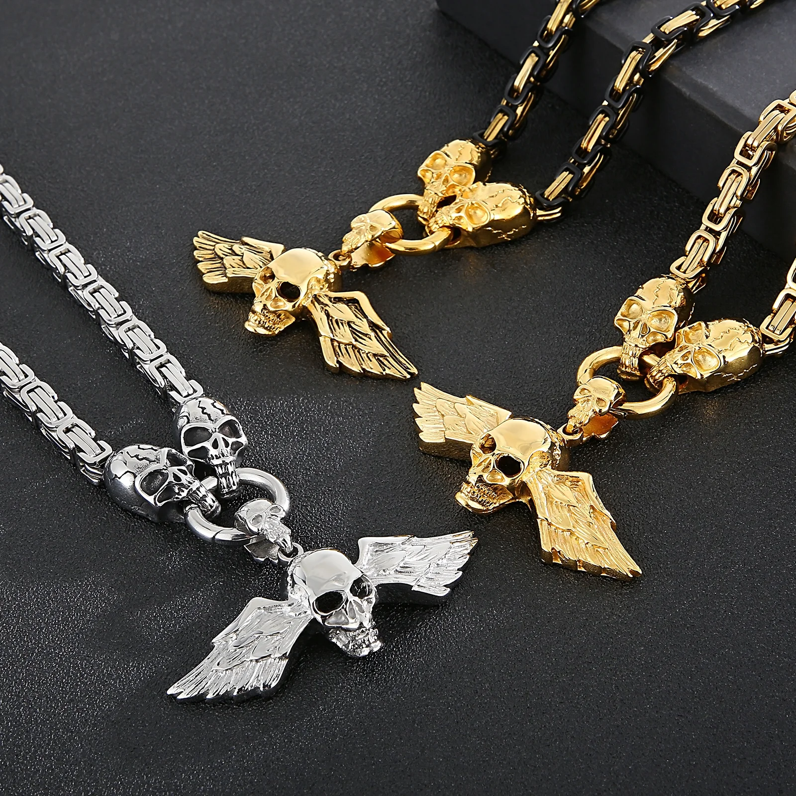

Hip Hop Skull Pendant Series Rock Metal Men's Necklace Bicycle Chain Stainless Steel Jewelry Chunky Angel's Wings Accessories