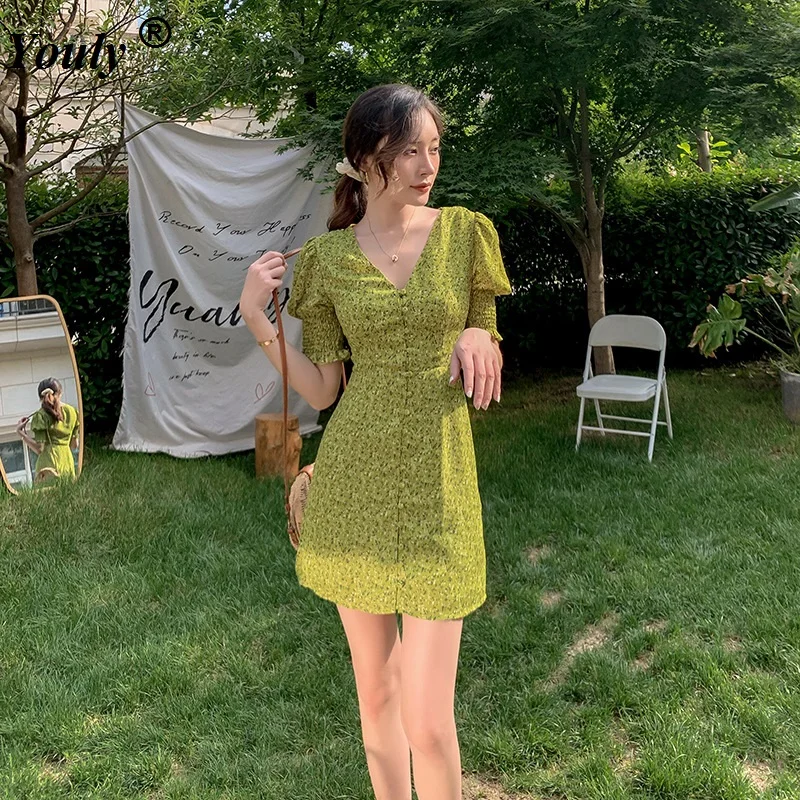 

Floral Avocado Green Sexy Elegant Button Women Mini Dress 2021 V-neck Summer Casual Slim Female Lady Beach Party Dress Vestidos