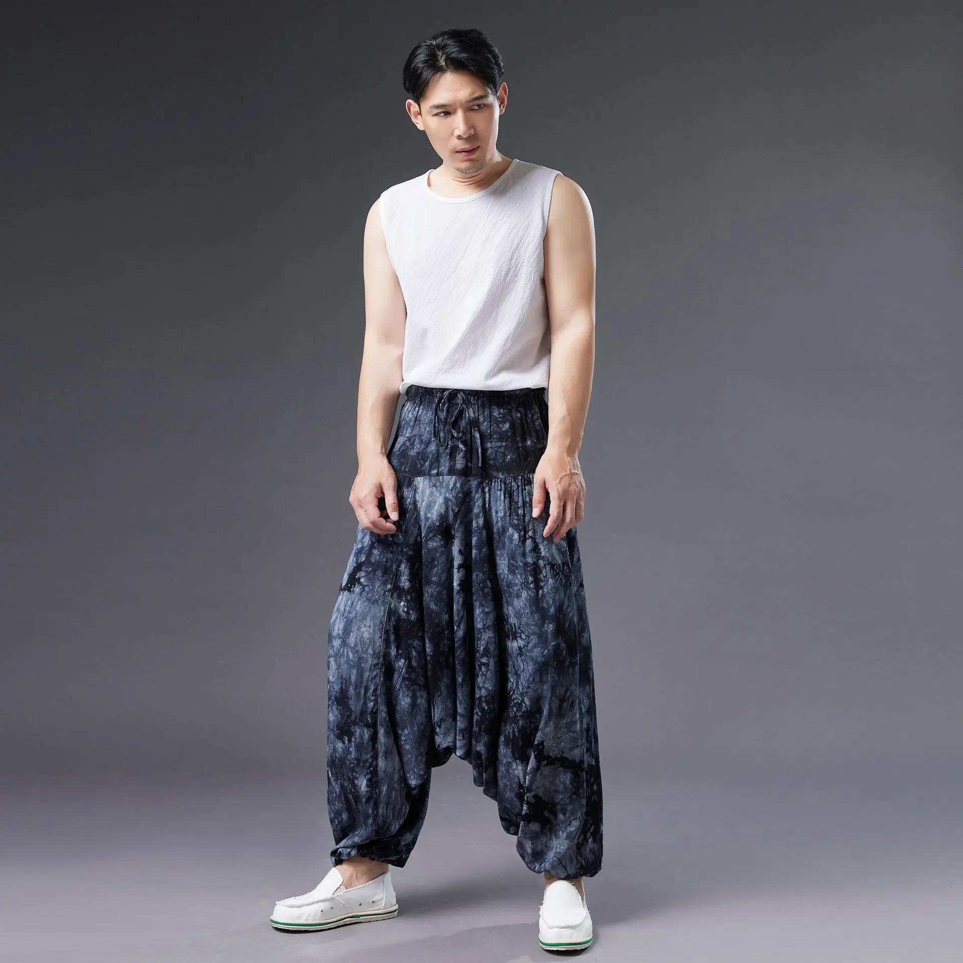 Cotton Linen Yoga Pant Men Unisex Sweatpants Loose Harem Wide Leg Bloomers Running Jogger Fitness Athletic Gym Casual Trousers