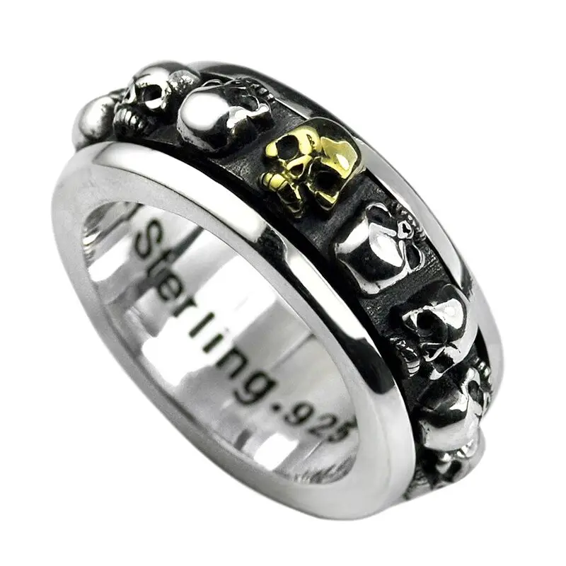 

Pure silver Sterling silver men's 925 ring Thai silver skeleton S925 ring rotate punk skull Ghost rock ring bands (HY)