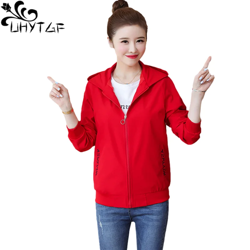 UHYTGF Casual Women Spring Autumn Jacket Fashion Hooded Student Thin Sportswear Loose Big Size Coat Short Outerwear Female 2052