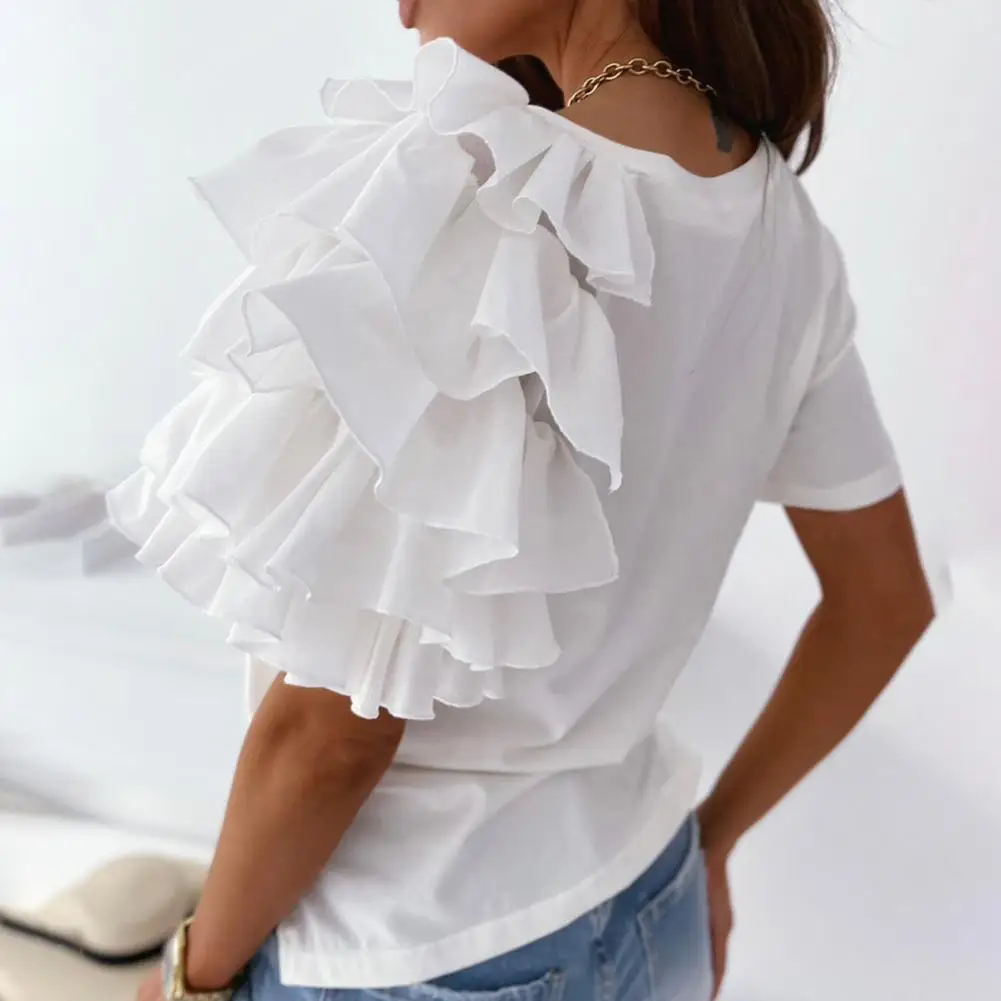 Fashion T-shirt Women t shirt Layered Ruffle Short Sleeve Solid Color Asymmetric Loose T-shirt Tees Top for Summer 2021