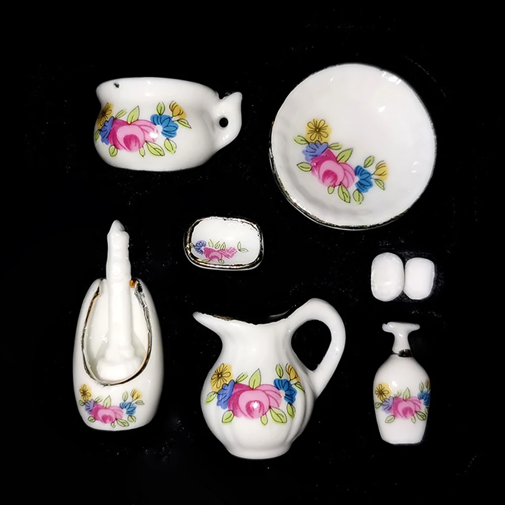 1/12 Dollhouse Miniature Accessories Mini Ceramic Kettle Cup Plate Set Model for Doll House Decoration ob11