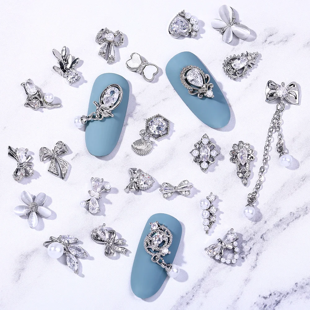 

HNUIX 2 Pieces 3D Silver Nail Art Jewelry Japanese Nail Decoration High Quality Zircon Crystal Manicure Zircon Diamond Amulet