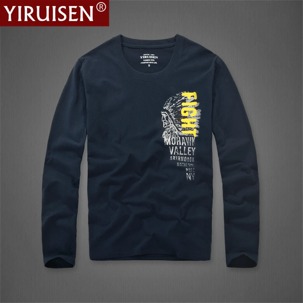 

YiRuiSen High Quality 100% Cotton Long Sleeve O-Neck Printing Top Tees Fashion Regular Casual Vintage Comfortable Male Clothing