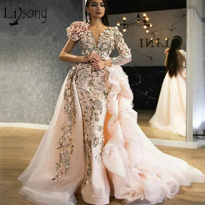 Luxury Arabic Evening Dress Crystals Beaded Mermaid Long Dubai Prom Gowns Celebrity Party Dress 2021 Detachable Train Event Wear