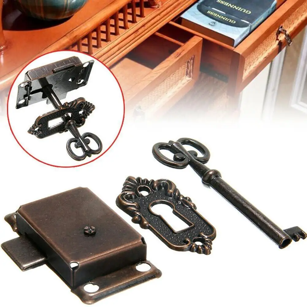 Old Vintage Keys Big Portable Vintage Antique Style Iron Lock + Key For Drawer Cabinet Door Cupboard Wardrobe