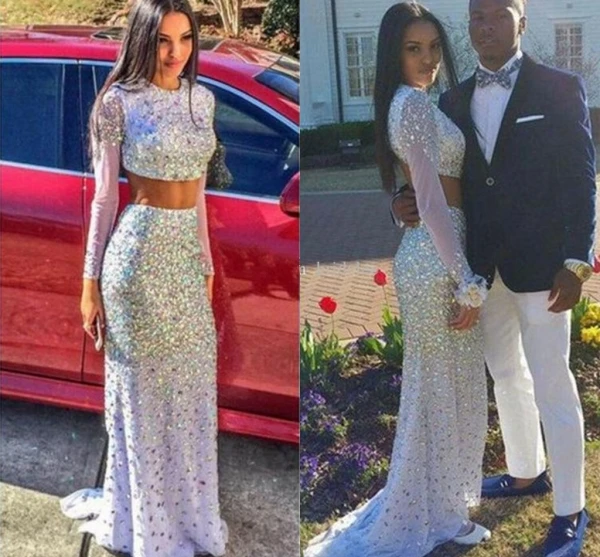 Sparkly Prom Dresses 2025 Mermaid Beaded Elegant Two Pieces Floor Length Long Sleeve Evening Celebrity Formal Gowns