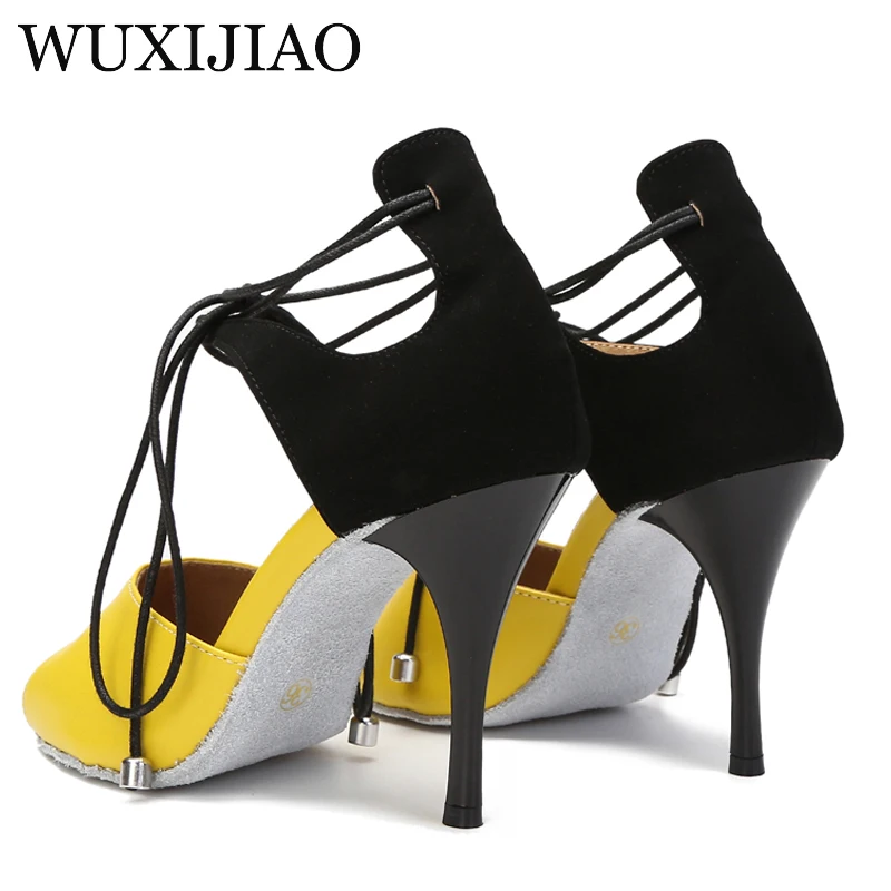 WUXIJIAO dance shoes Latin women's salsa silk satin shoes professional dance shoes ballroom black paint heel soft sole