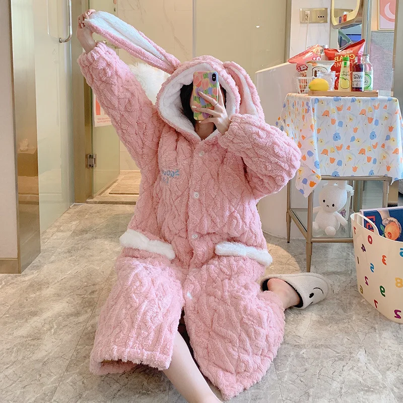 Autumn Winter New Flannel Sleep Robe Women Three Layer Thick Pajamas Ladies Keep Warm Coral Velvet Nightwear Hooded Homewear