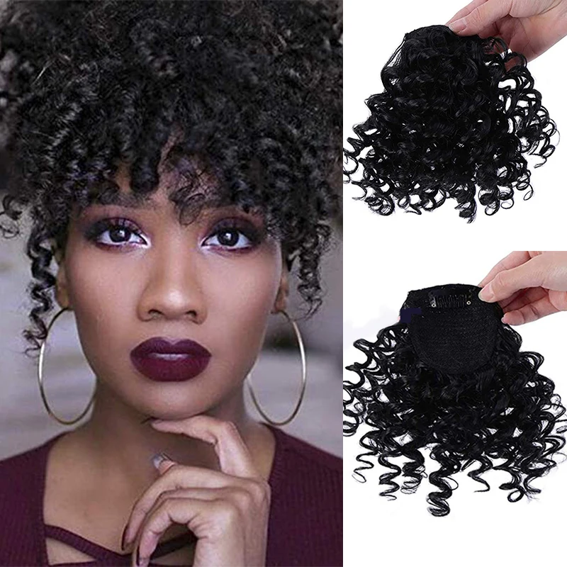 BUQI-flequillo rizado Afro para mujer blanca y negra, Clips de flecos falsos en flequillo, peluca sintético negro de cabello Natural, accesorios